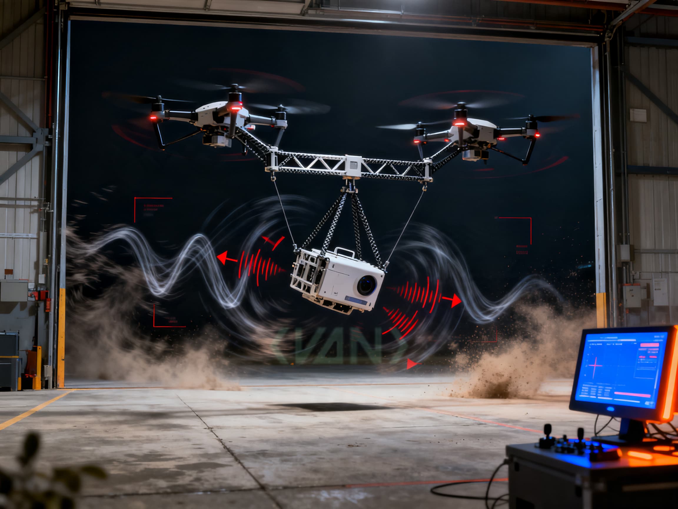 Two industrial drones overcorrecting while lifting a fragile suspended payload.