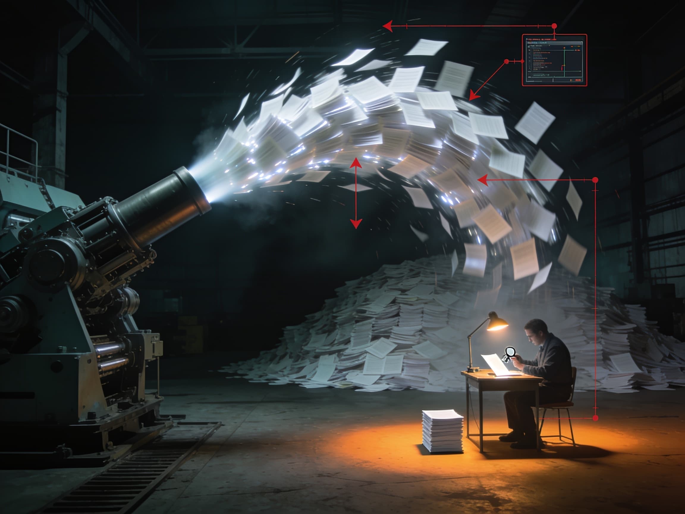 An industrial cannon fires a stream of glossy documents across a dark facility while a lone inspector examines a single page under a desk lamp.